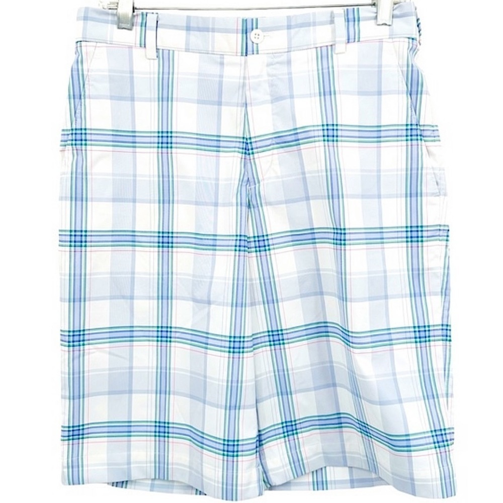 Nike Golf Flex Dri Fit Golf Shorts Plaid Tech Chino White/Blue Sz 30 Medium